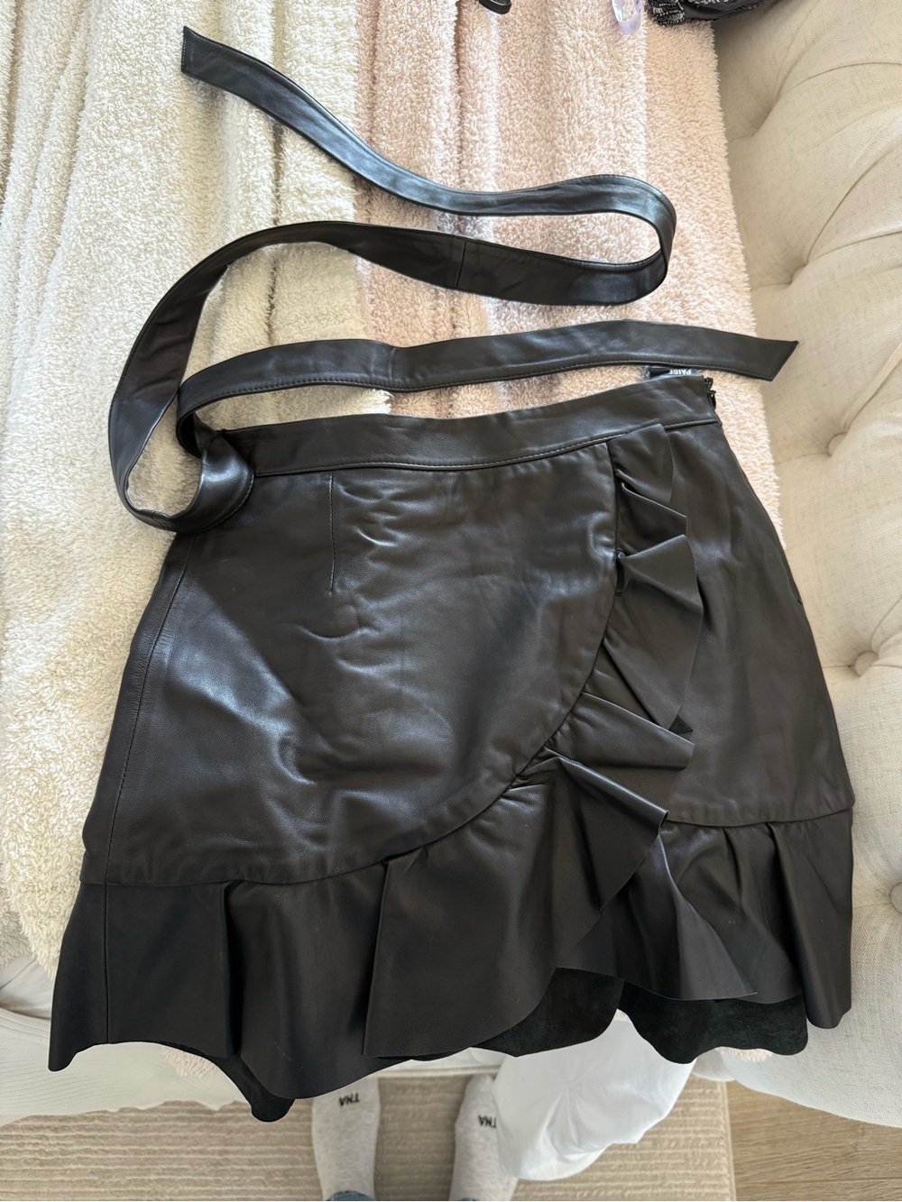 PAIGE Black Leather Wrap Skirt with Waist Tie